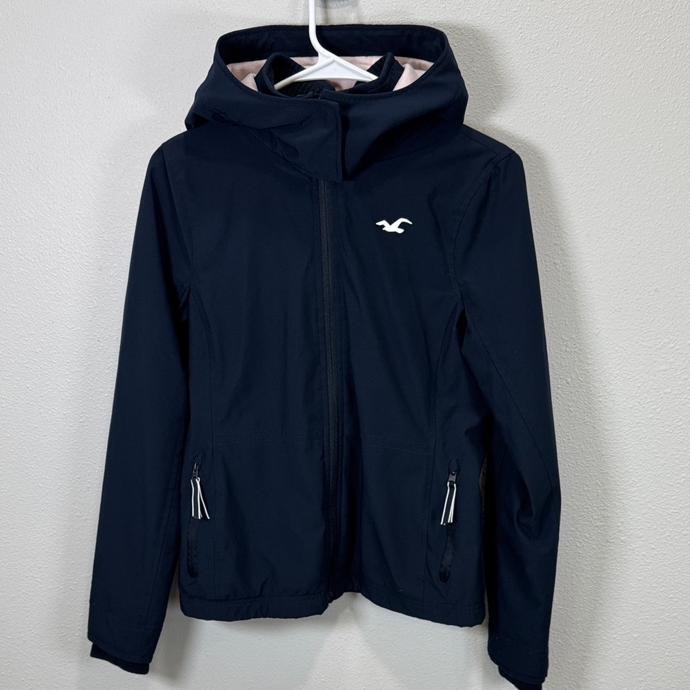 Hollister all weather Dark Blue Hooded Jacket with White Logo